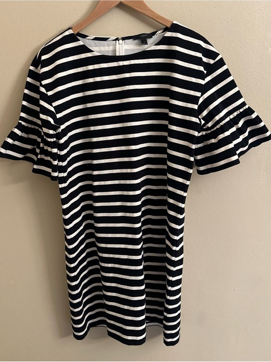 J. Crew Dresses & Skirts - J Crew Ruffle Bell Sleeve Shift Dress Striped Sz L Black White Party 100% Cotton